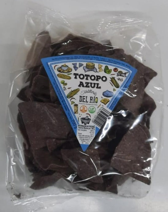 Blue corn tortilla chips (totopos). 18 förpackningar med 200 g.